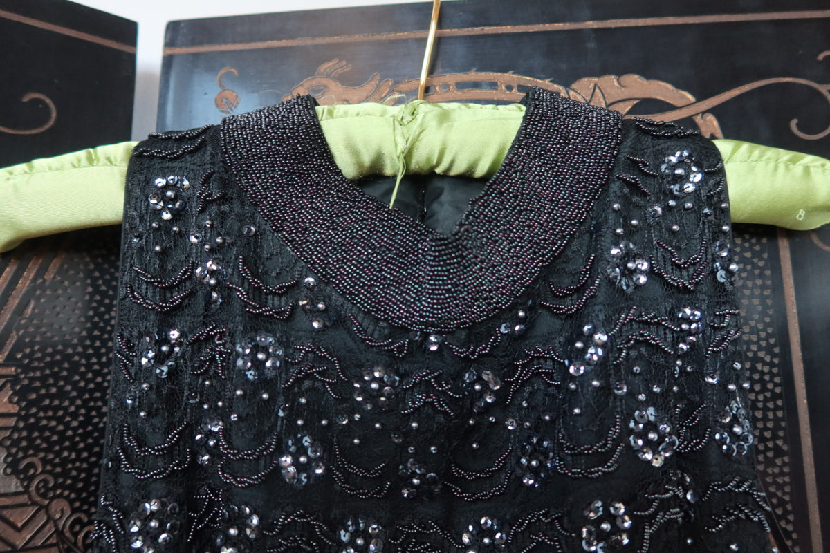 Vintage 1960s Regalia Imports Black Beaded Sequin Lace Shift Dress