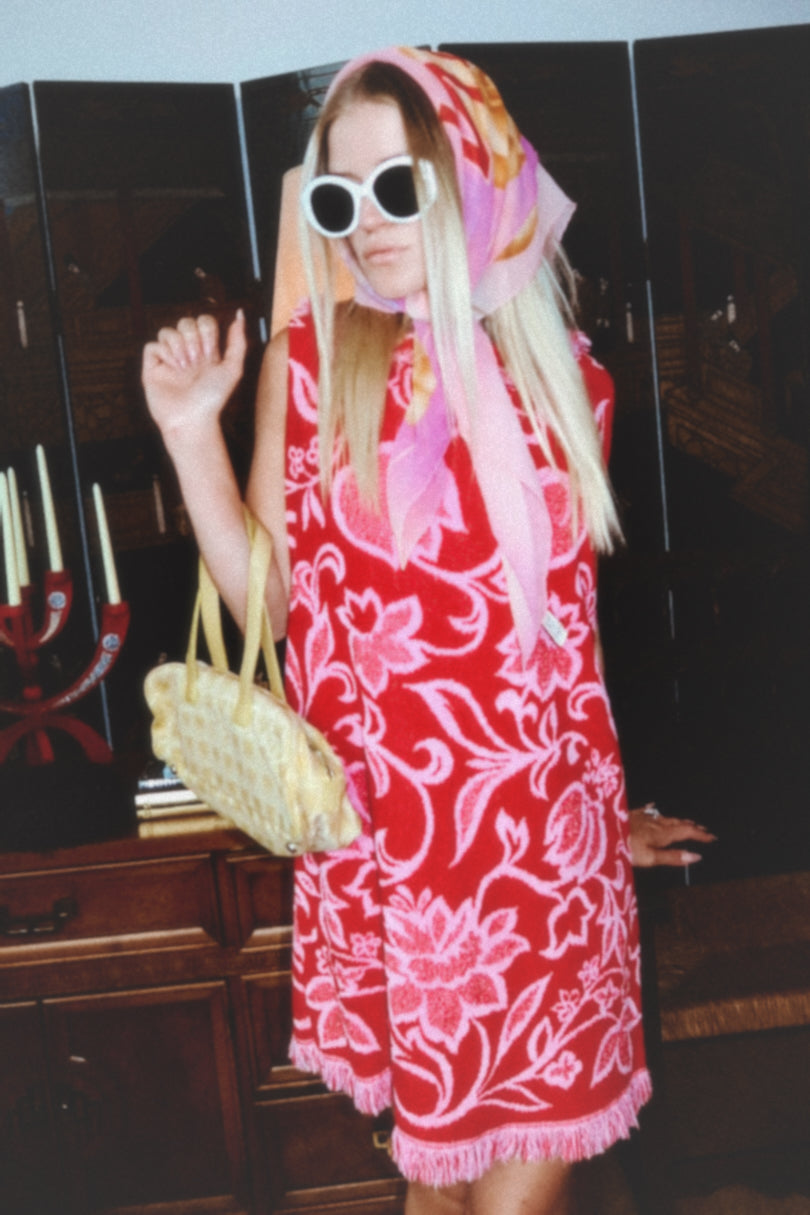 Vintage 1960s Lady Pepperell Red and Pink Floral Terrycloth Beach Mini Shift Dress