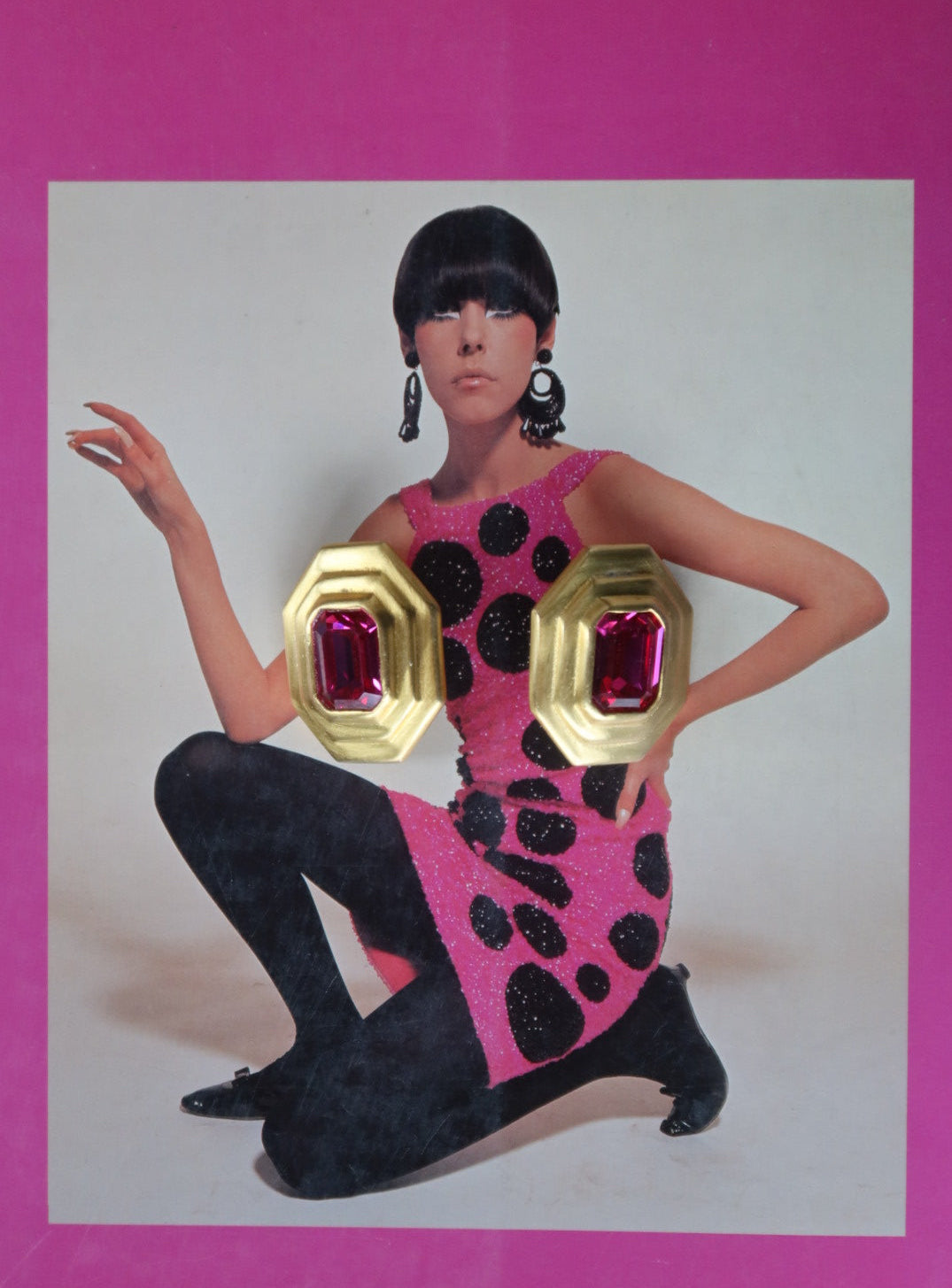 Vintage Matte Gold Octagonal Bezel Set Fuchsia Crystal Clip Earrings