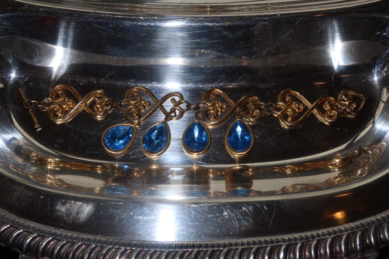 Vintage Gold Tone Blue Glass Drop Bracelet, Victorian Revival Style