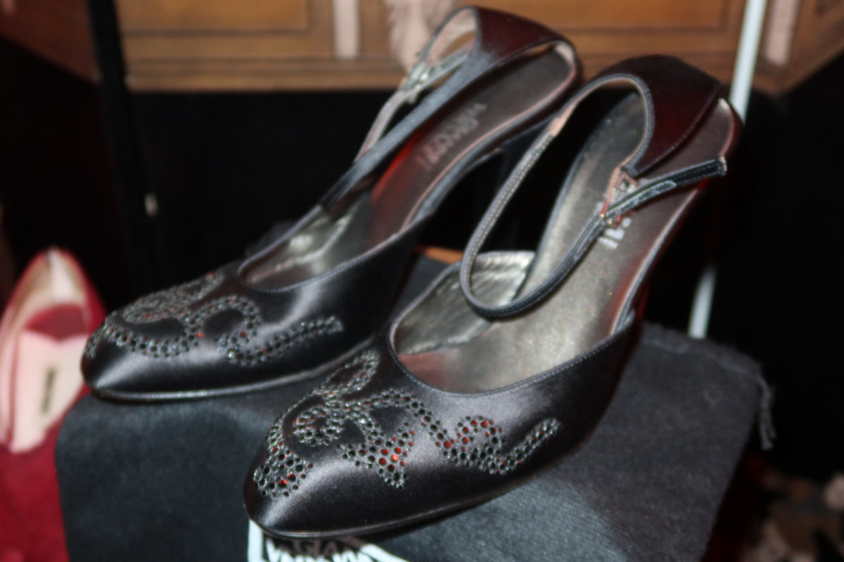 Vintage 90s Gianni Versace Black Satin Crystal Slingback Heels