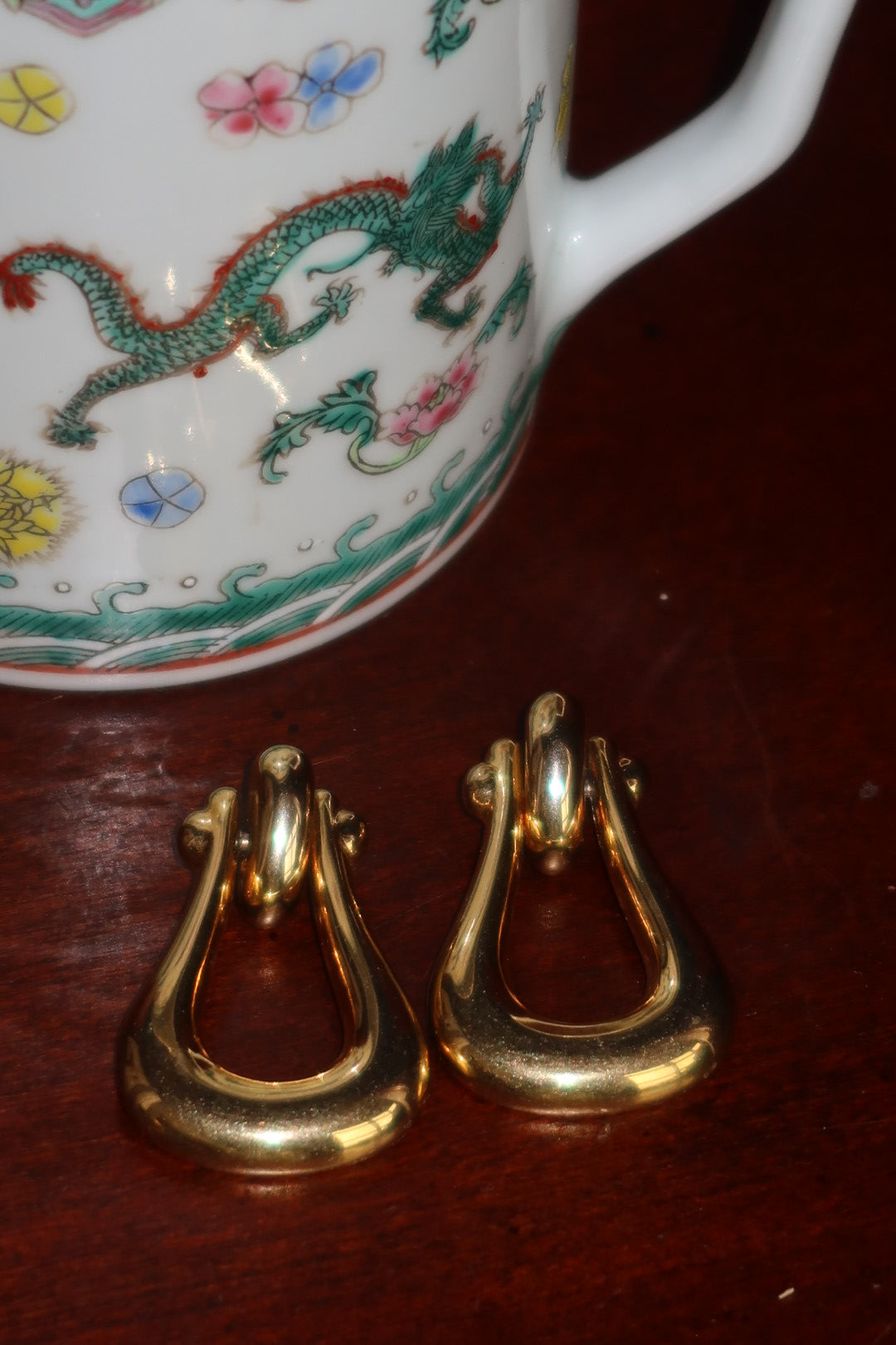 Vintage Gold Tone Door Knocker Post Earrings, Stirrup Drop