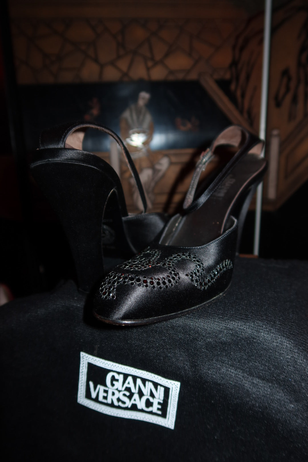 Vintage 90s Gianni Versace Black Satin Crystal Slingback Heels
