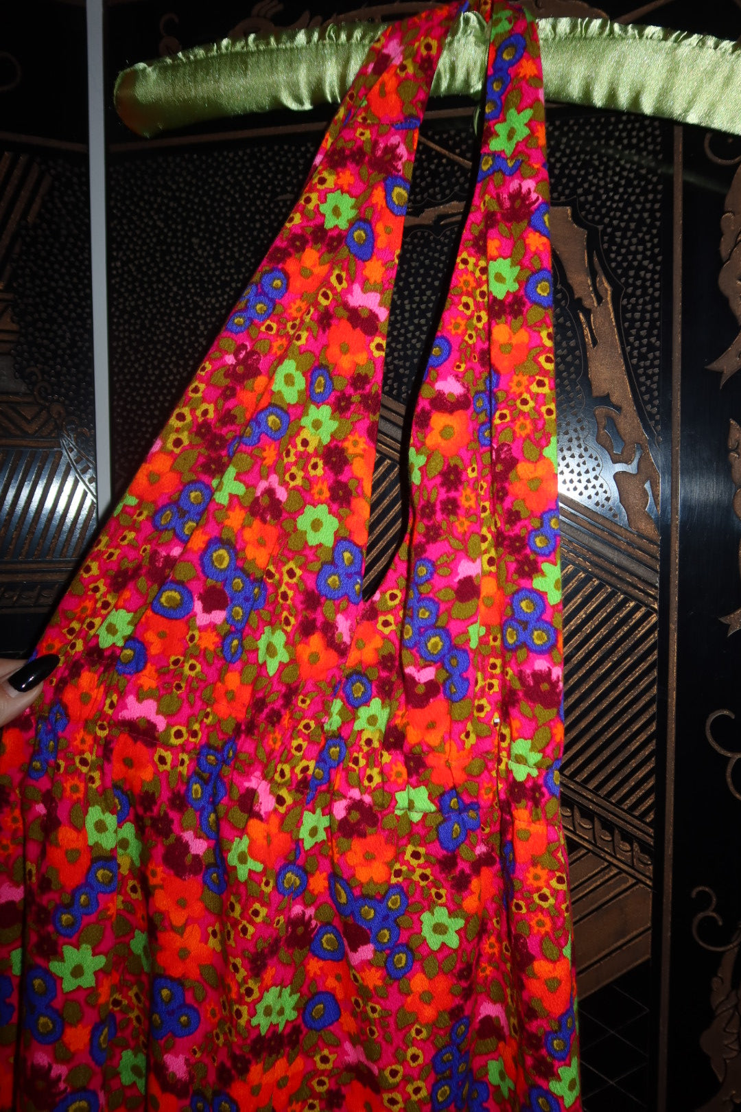 Vintage 60s 70s Neon Floral Psychedelic Halter Maxi Dress