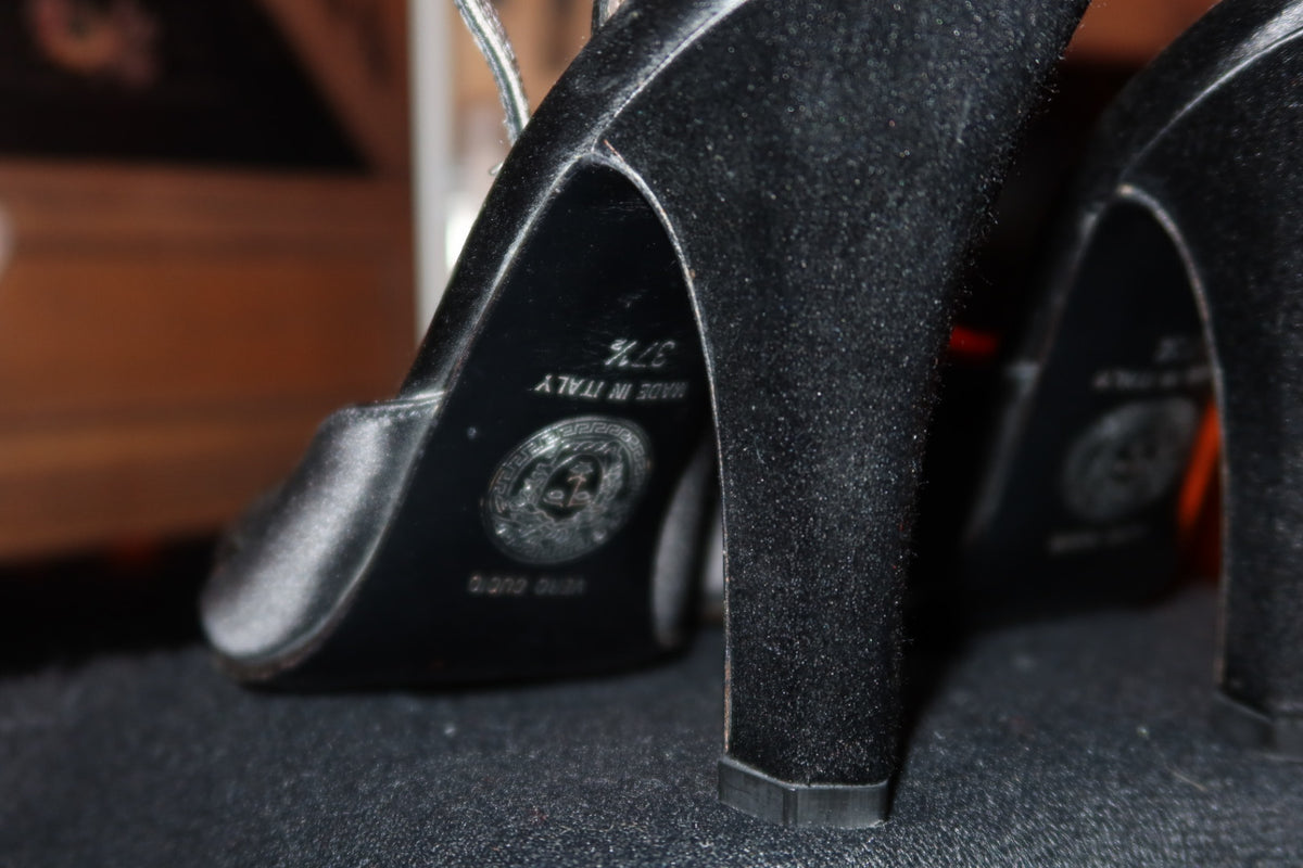 Vintage 90s Gianni Versace Black Satin Crystal Slingback Heels