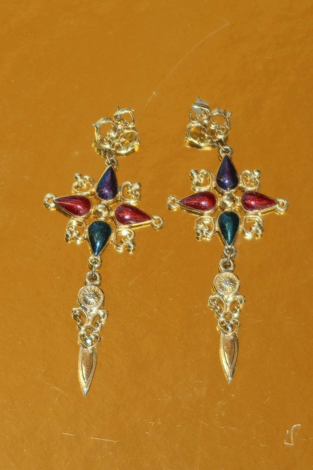 Renaissance Revival Gold Cross Dagger Earrings Purple Red Teal