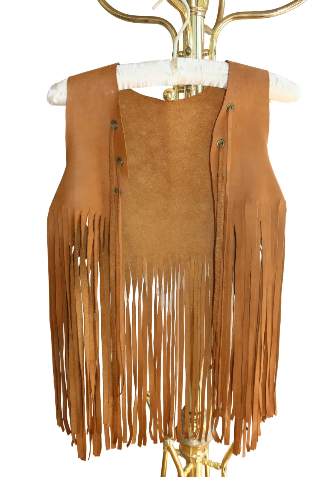 Late 1960s Suede Fringe Vest Tan Caramel Brass Grommet Woodstock Era