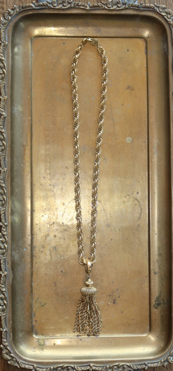 Signed Monet Gold Tone Rope Chain Tassel Necklace