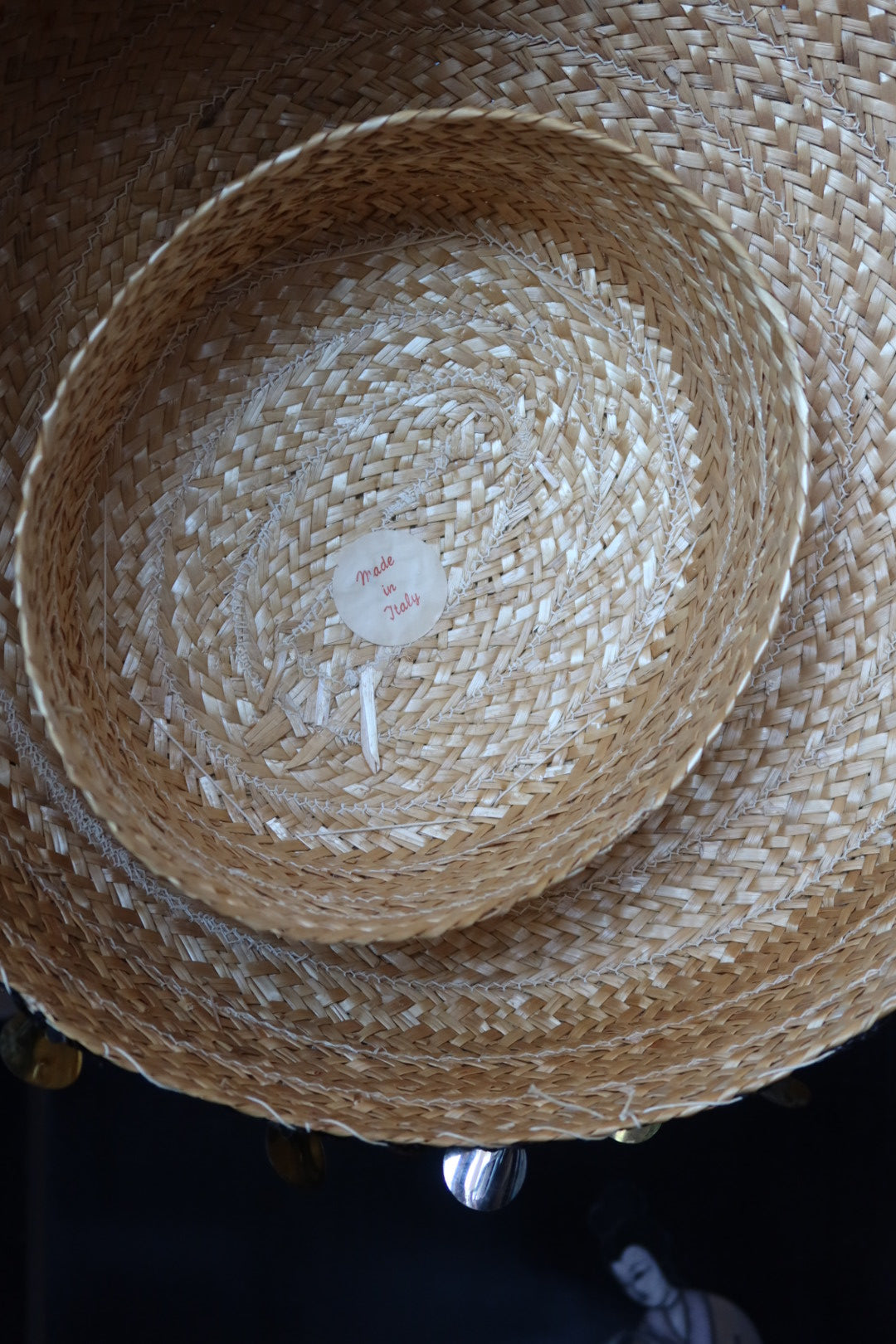 Late 1960s Italian Straw Hat Gold Silver Paillettes Black Net Overlay
