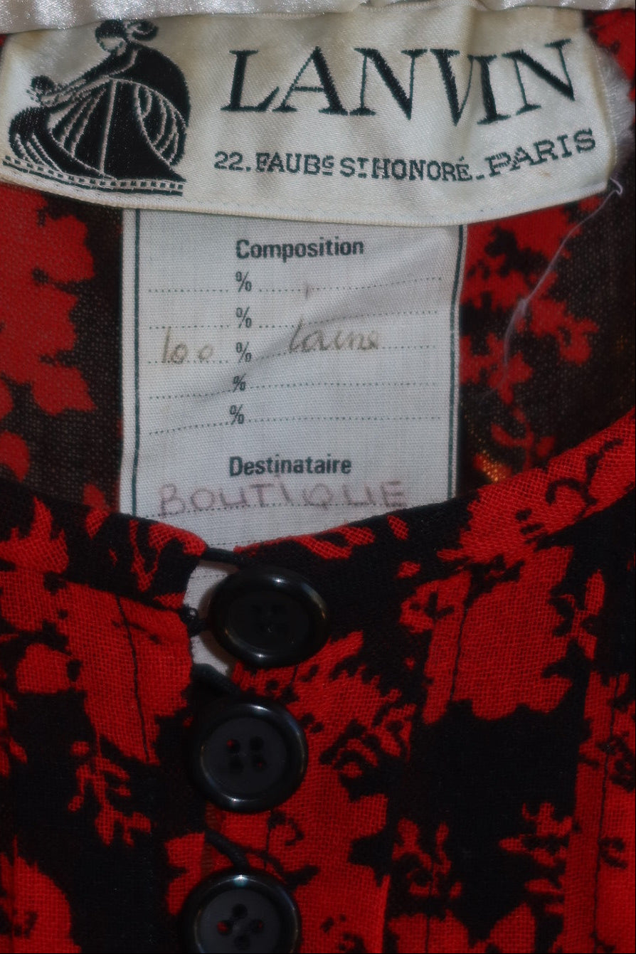 1970s Lanvin Paris Boutique Red Black Floral Wool Dress