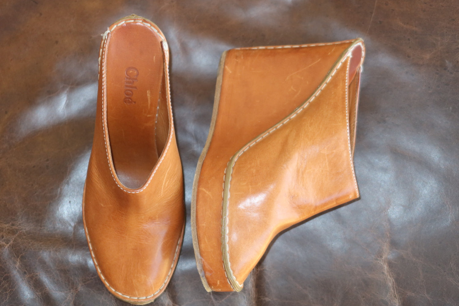 Chloé Tan Leather Wedge Mule Clogs Size 36.5 White Topstitching Made in Italy