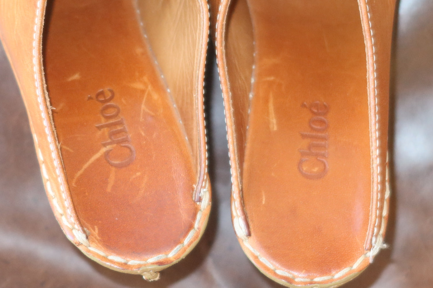 Chloé Tan Leather Wedge Mule Clogs Size 36.5 White Topstitching Made in Italy