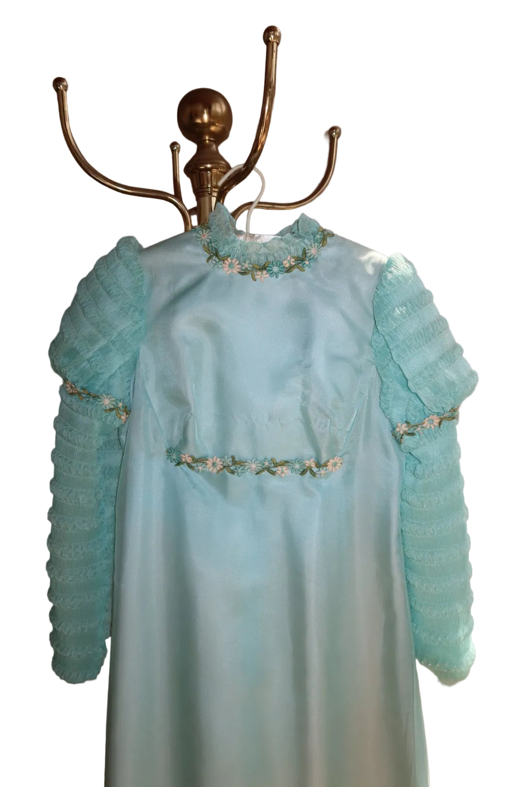 1970s Victorian Revival Maxi Gown Seafoam Mint Smocked Sleeves Daisy Trim