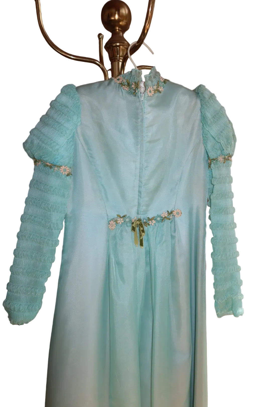 1970s Victorian Revival Maxi Gown Seafoam Mint Smocked Sleeves Daisy Trim