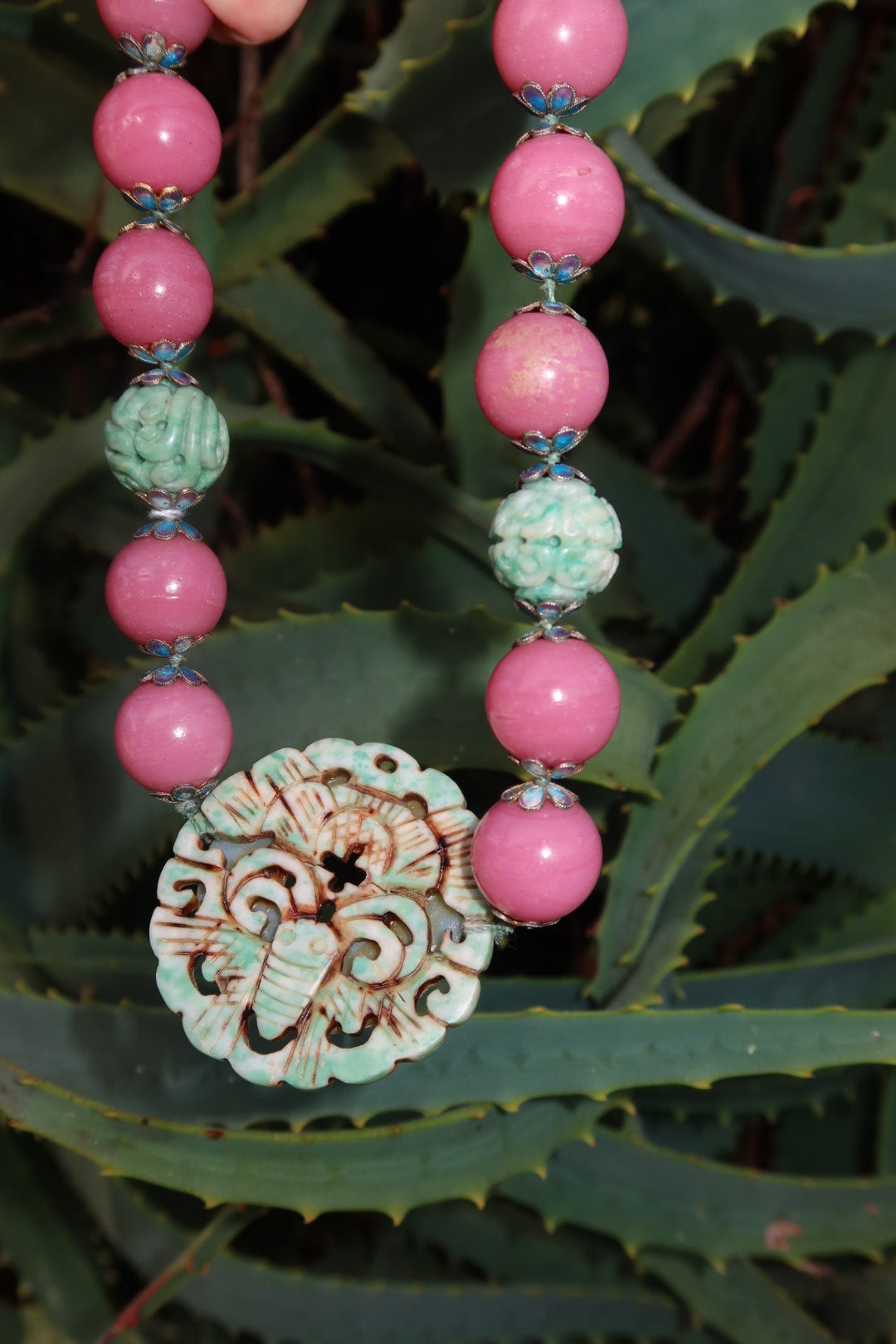 Vintage Carved Chinese Jasper and Pink Stone Necklace