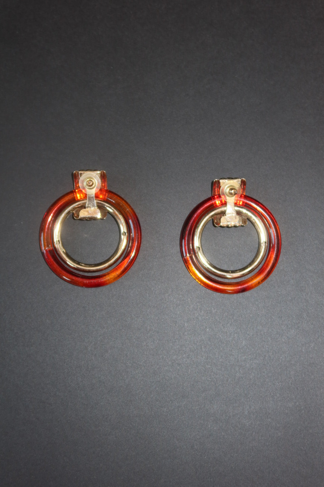 Vintage Amber Lucite Gold Tone Double Hoop Door Knocker Earrings
