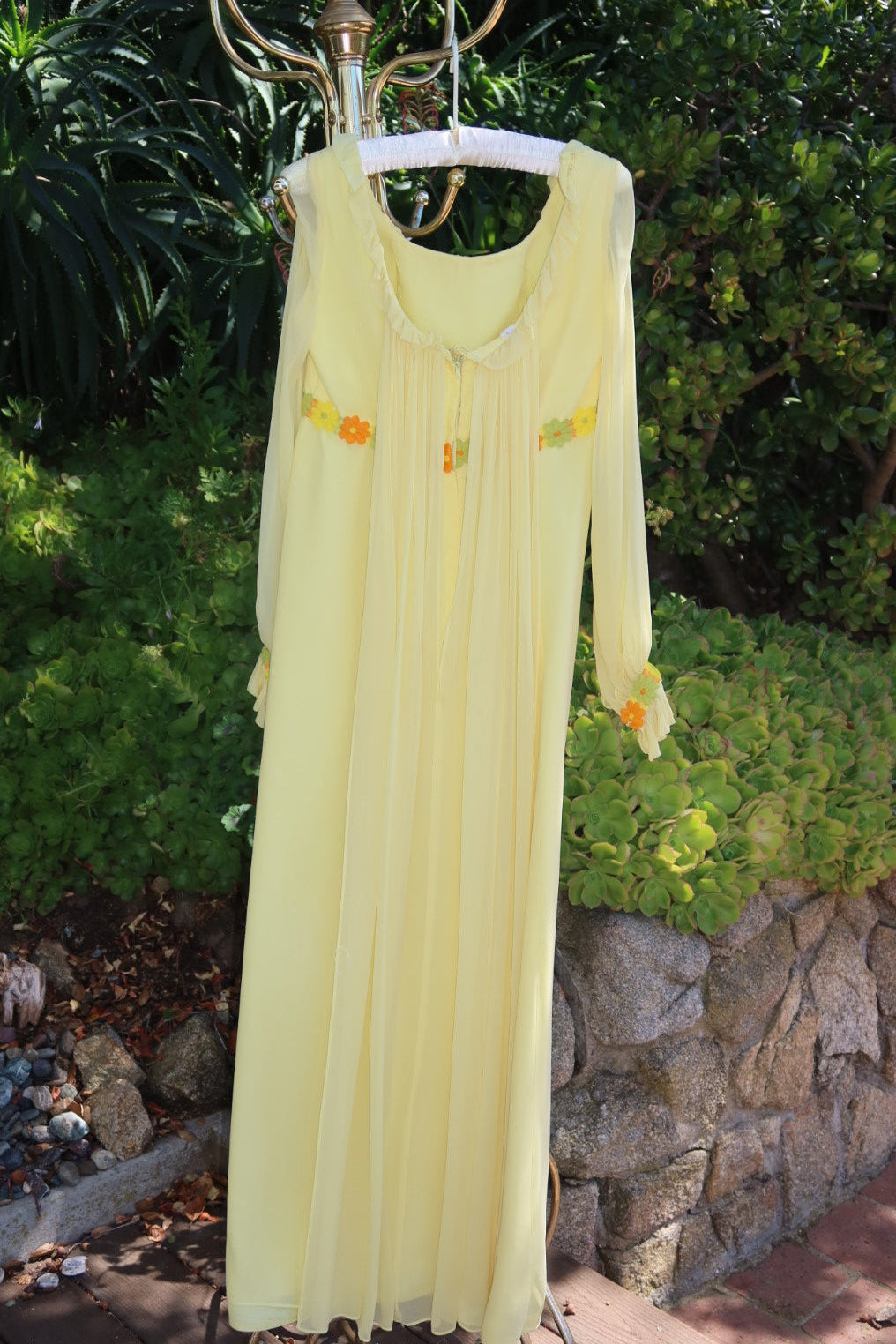 1960s Butter Yellow Chiffon Daisy Appliqué Maxi Dress with Ruffle Neckline