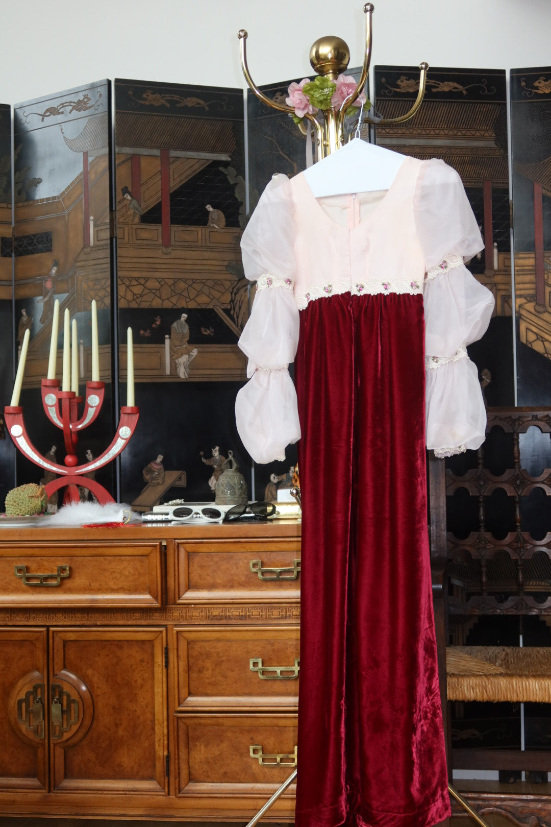 1970s Victorian Revival Crimson Velvet Blush Organza Balloon Sleeve Maxi Gown