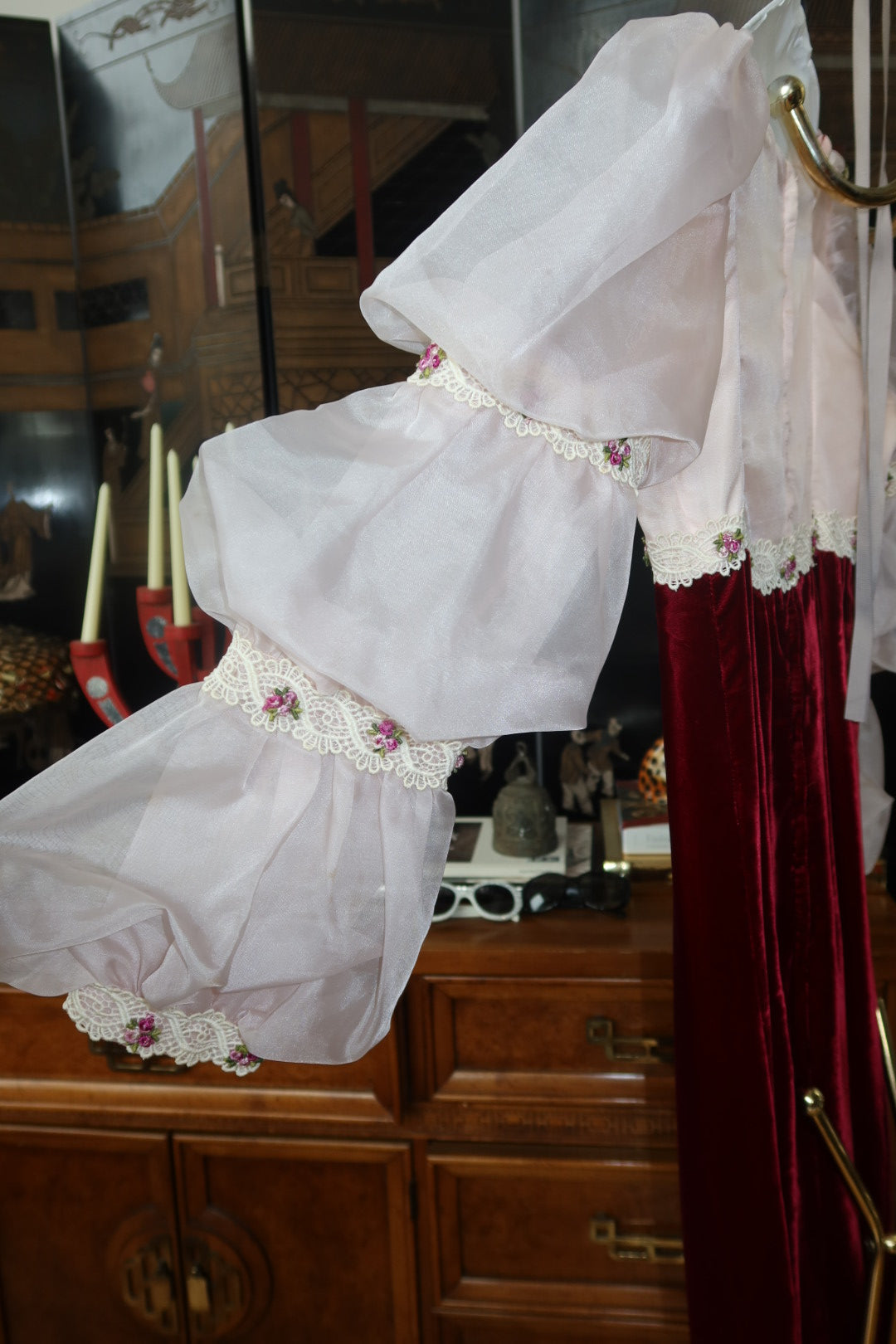 1970s Victorian Revival Crimson Velvet Blush Organza Balloon Sleeve Maxi Gown