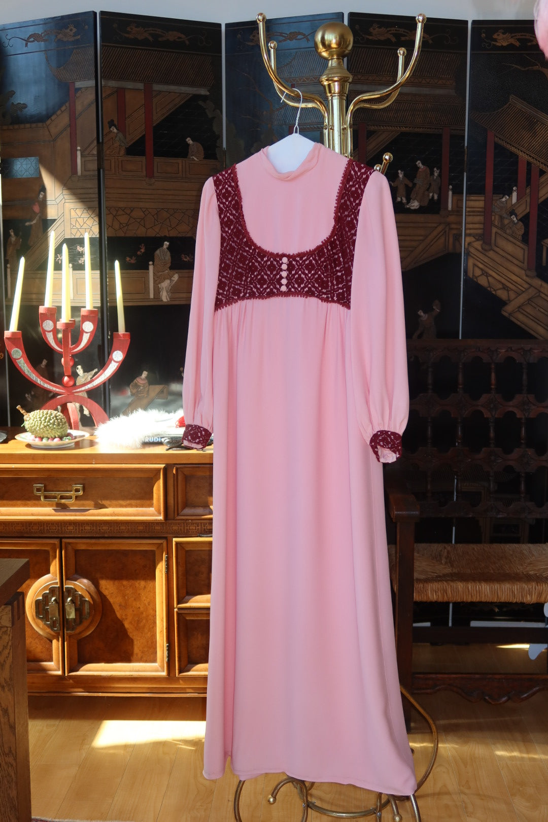 1970s Blush Pink Maxi Dress with Burgundy Crochet Lace Empire Bodice and Bishop Sleeves