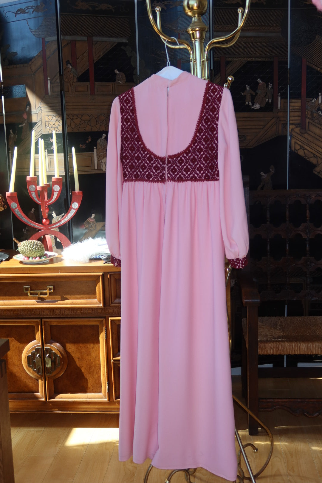 1970s Blush Pink Maxi Dress with Burgundy Crochet Lace Empire Bodice and Bishop Sleeves
