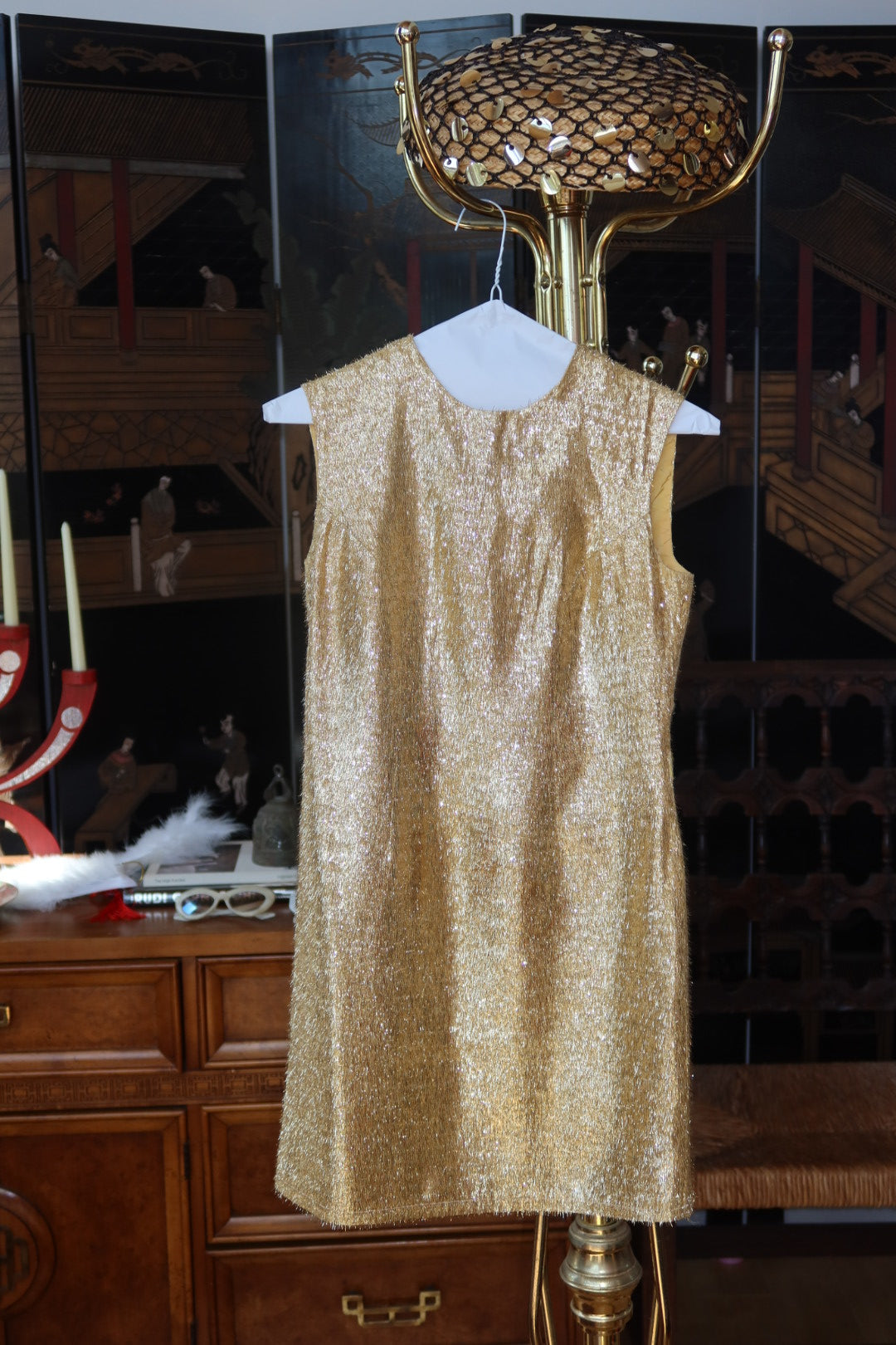 1960s Gold Tinsel Lurex Sleeveless Shift Mini Go-Go Dress