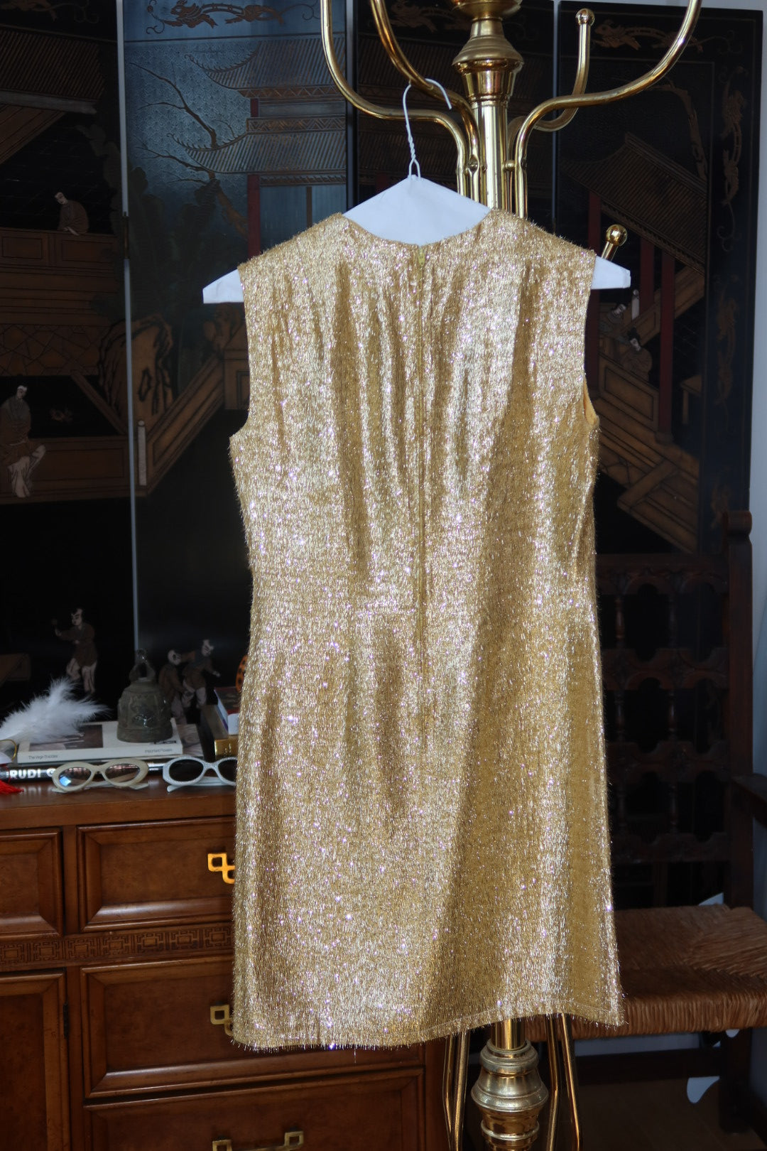 1960s Gold Tinsel Lurex Sleeveless Shift Mini Go-Go Dress
