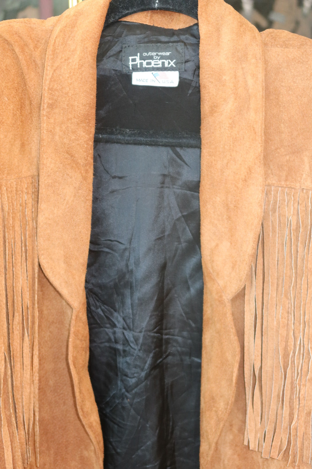 Vintage Phoenix Tan Suede Fringe Jacket Western Boho Oversized Shawl Collar