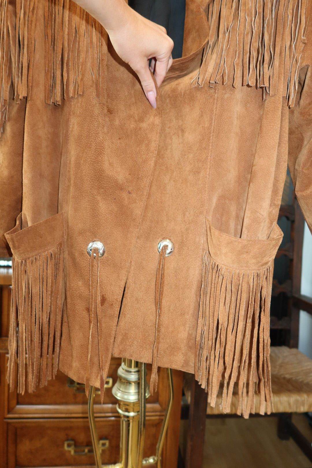 Vintage Phoenix Tan Suede Fringe Jacket Western Boho Oversized Shawl Collar