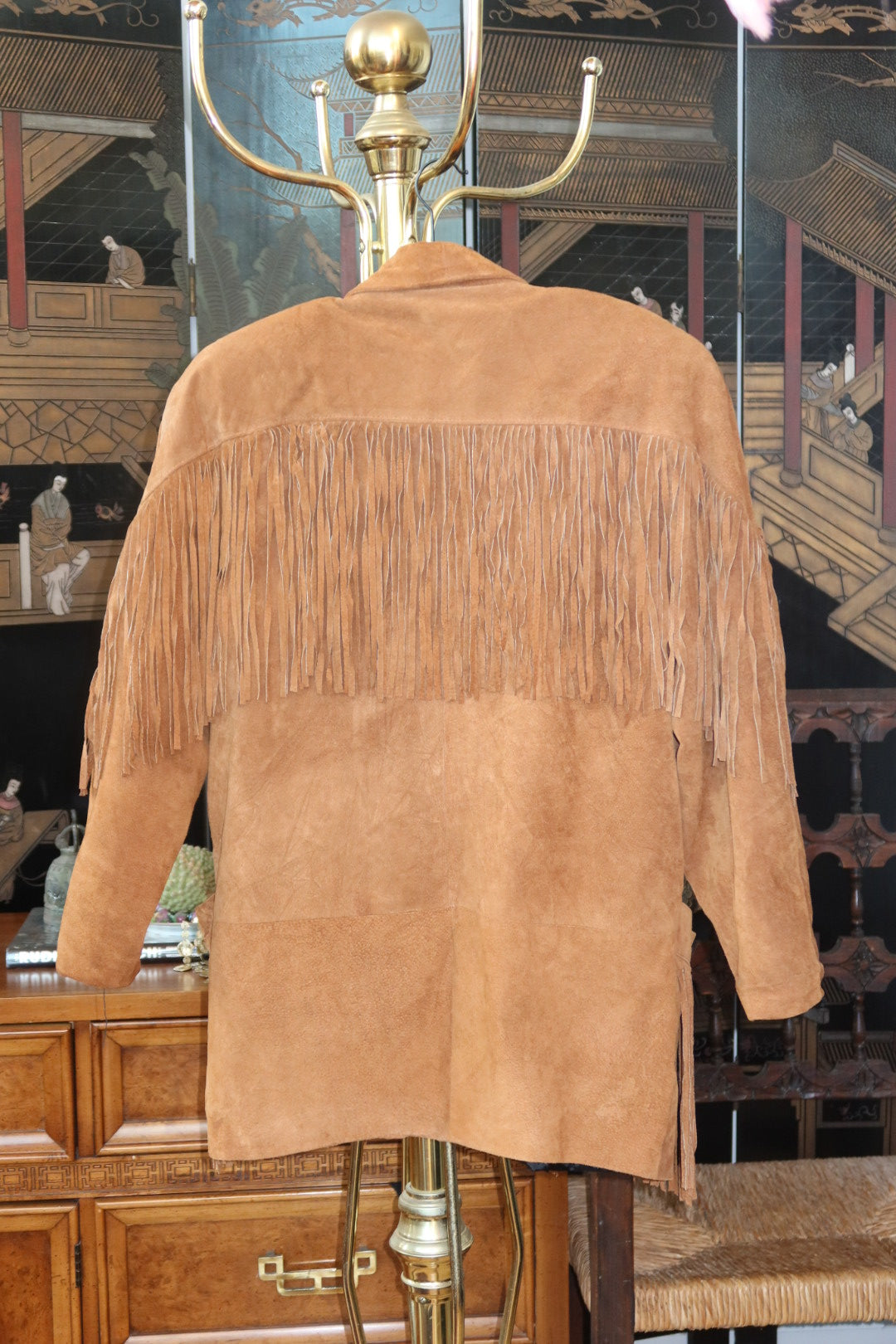 Vintage Phoenix Tan Suede Fringe Jacket Western Boho Oversized Shawl Collar