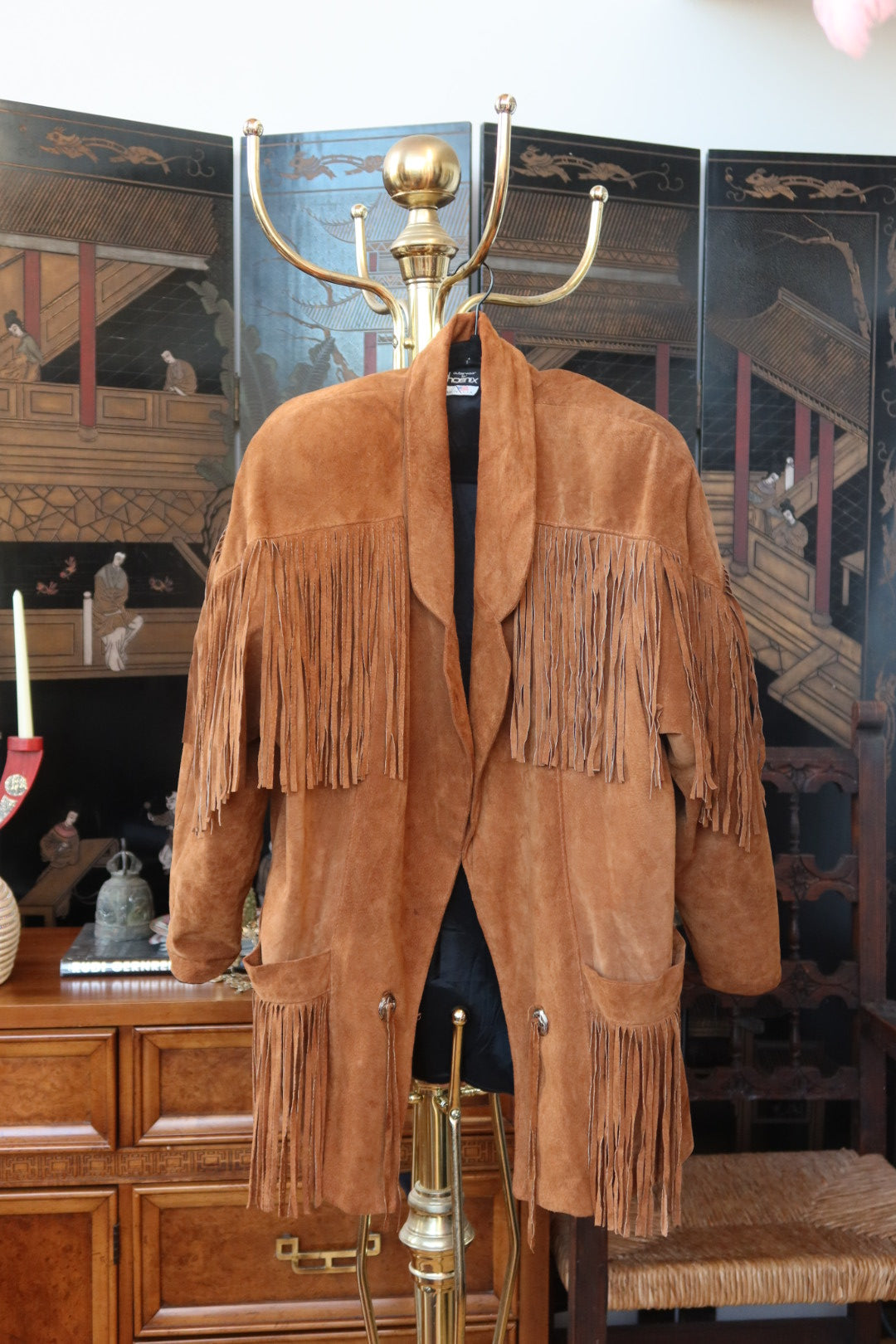 Vintage Phoenix Tan Suede Fringe Jacket Western Boho Oversized Shawl Collar