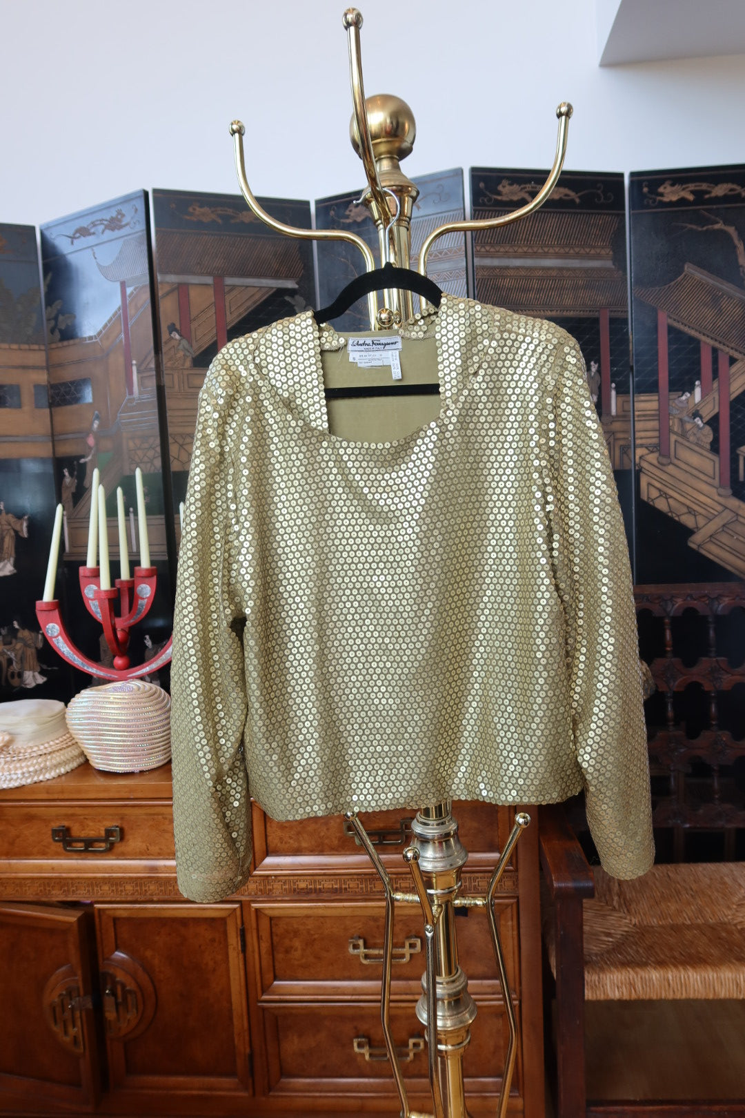 Vintage Salvatore Ferragamo Gold Sequin Silk Top Long Sleeve Evening Blouse Made in Italy S