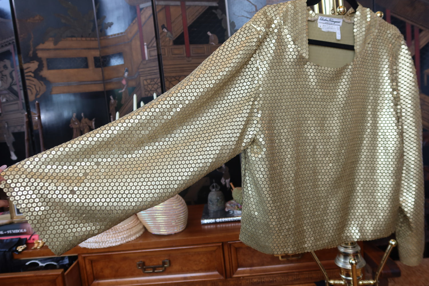 Vintage Salvatore Ferragamo Gold Sequin Silk Top Long Sleeve Evening Blouse Made in Italy S