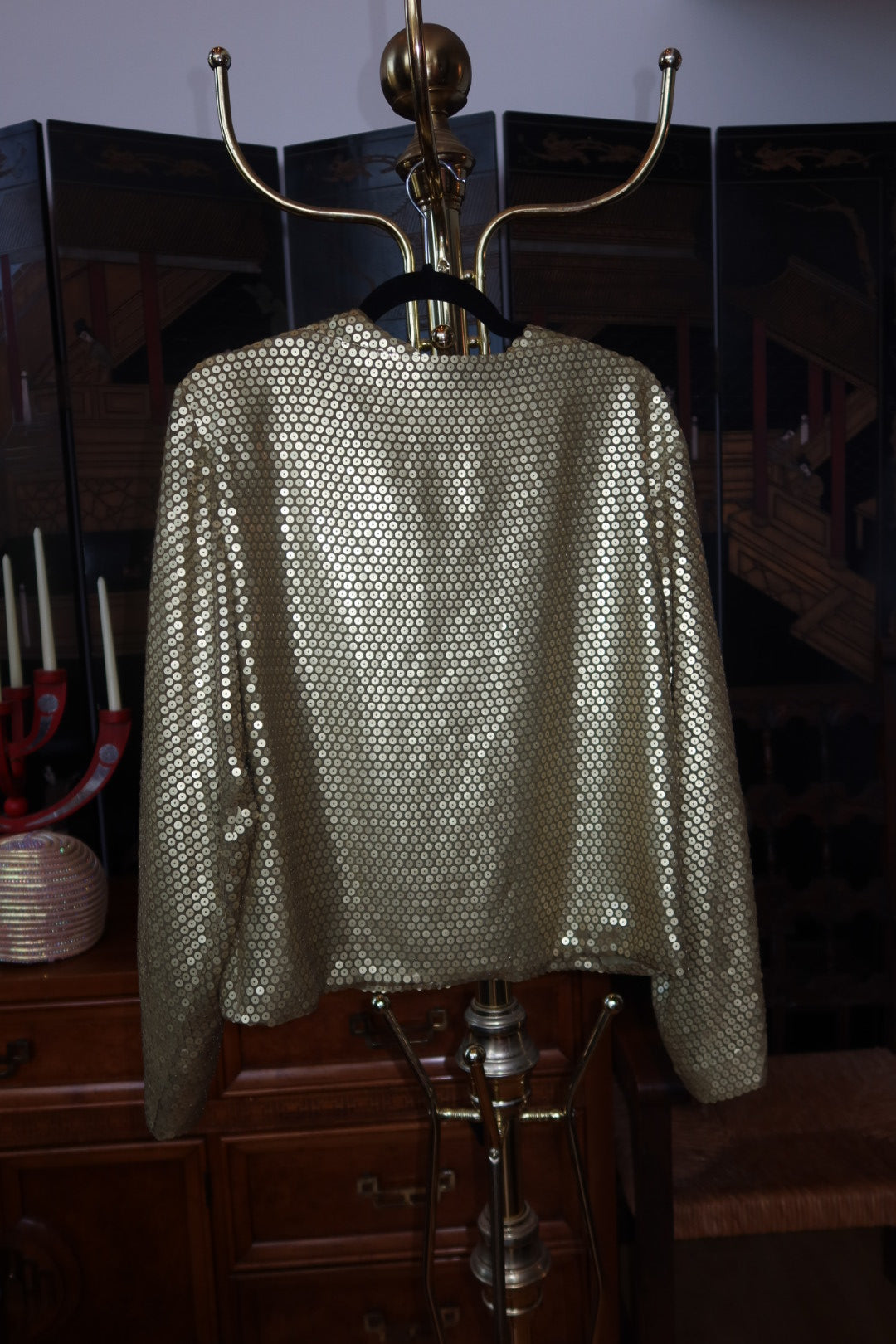 Vintage Salvatore Ferragamo Gold Sequin Silk Top Long Sleeve Evening Blouse Made in Italy S