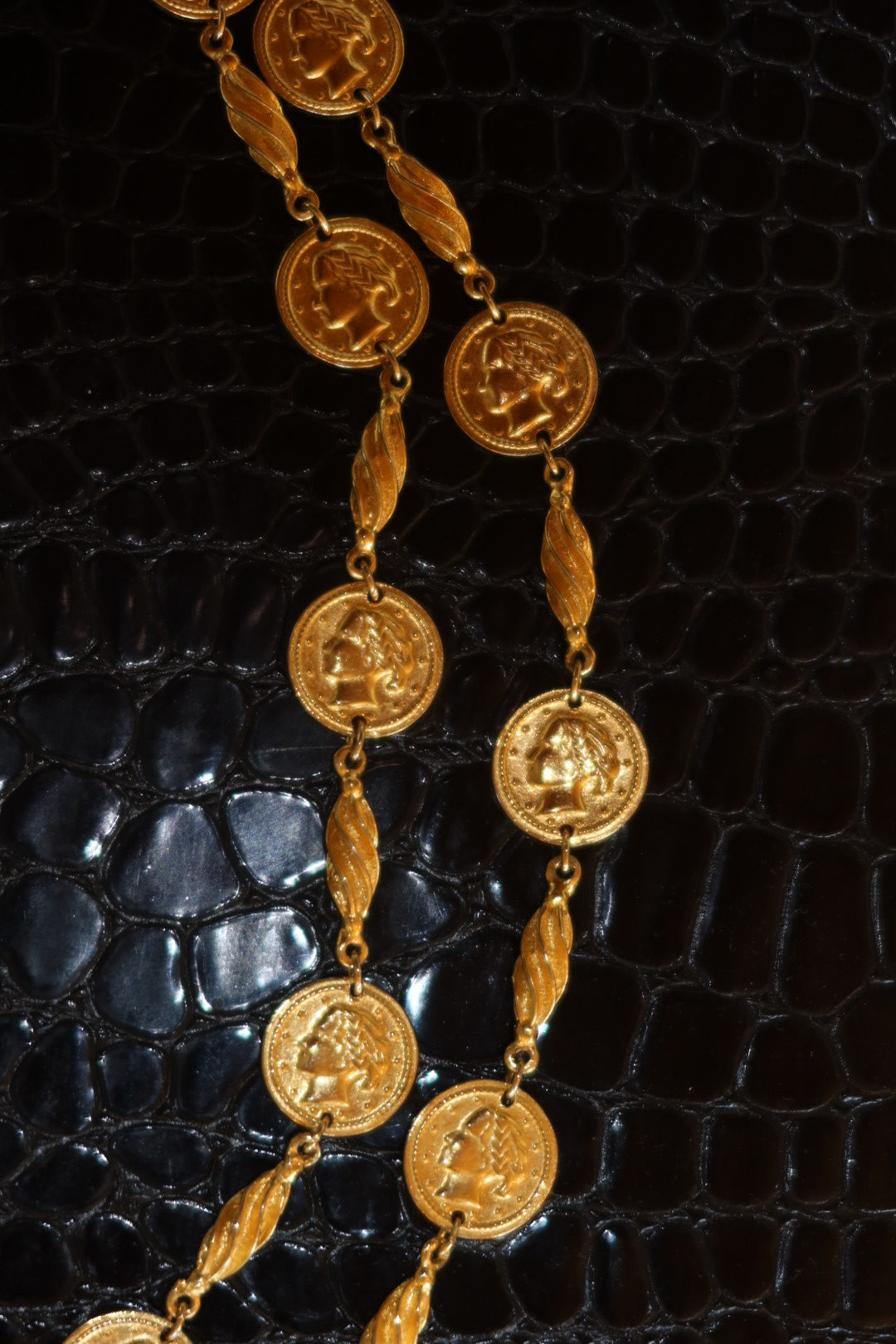 Vintage Gold Tone Roman Coin Necklace Etruscan Revival Toggle Clasp