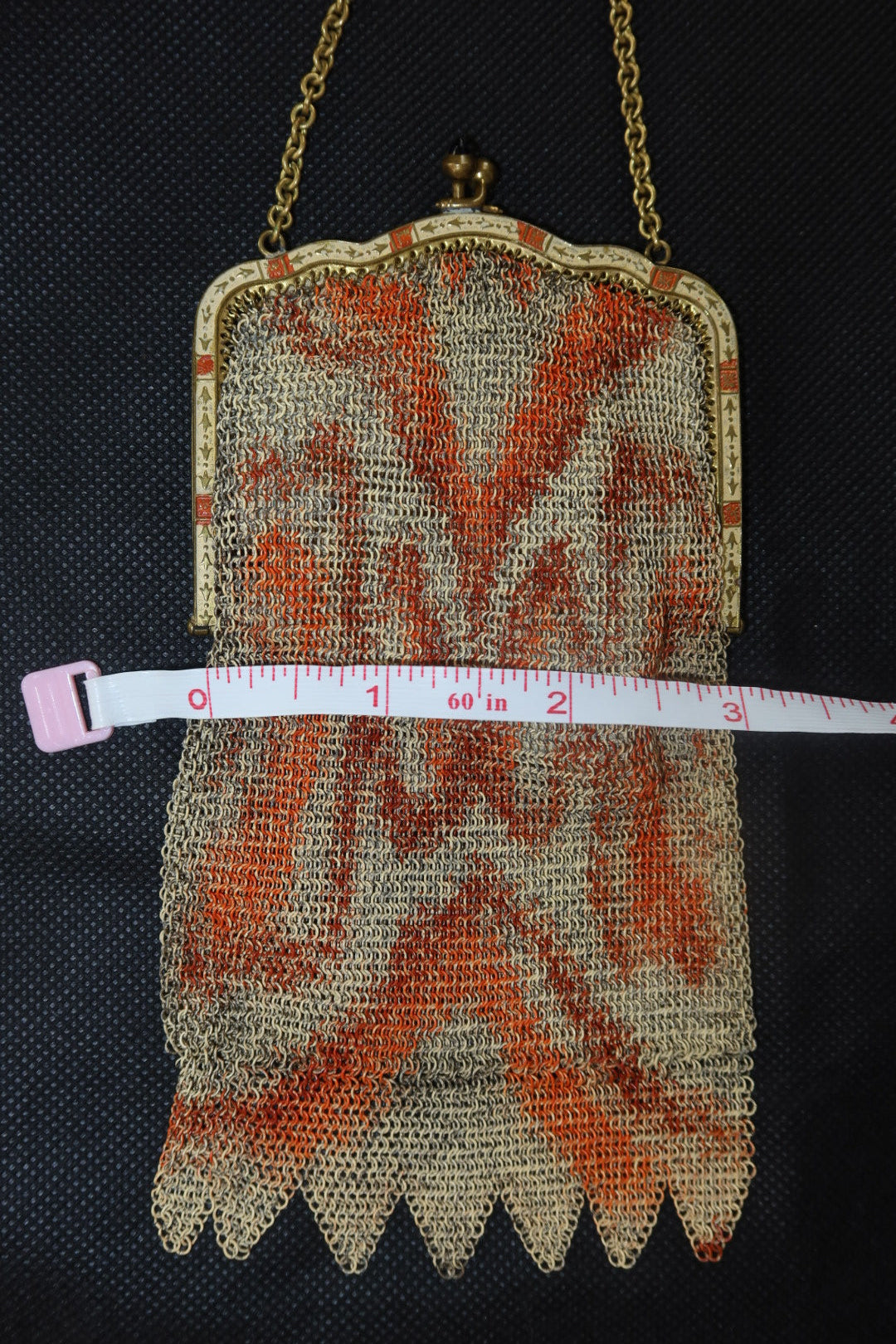 Antique 1900-1915 Painted Mesh Purse with Zigzag Fringe