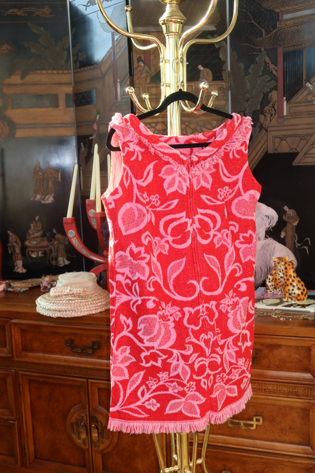 Vintage 1960s Lady Pepperell Red and Pink Floral Terrycloth Beach Mini Shift Dress