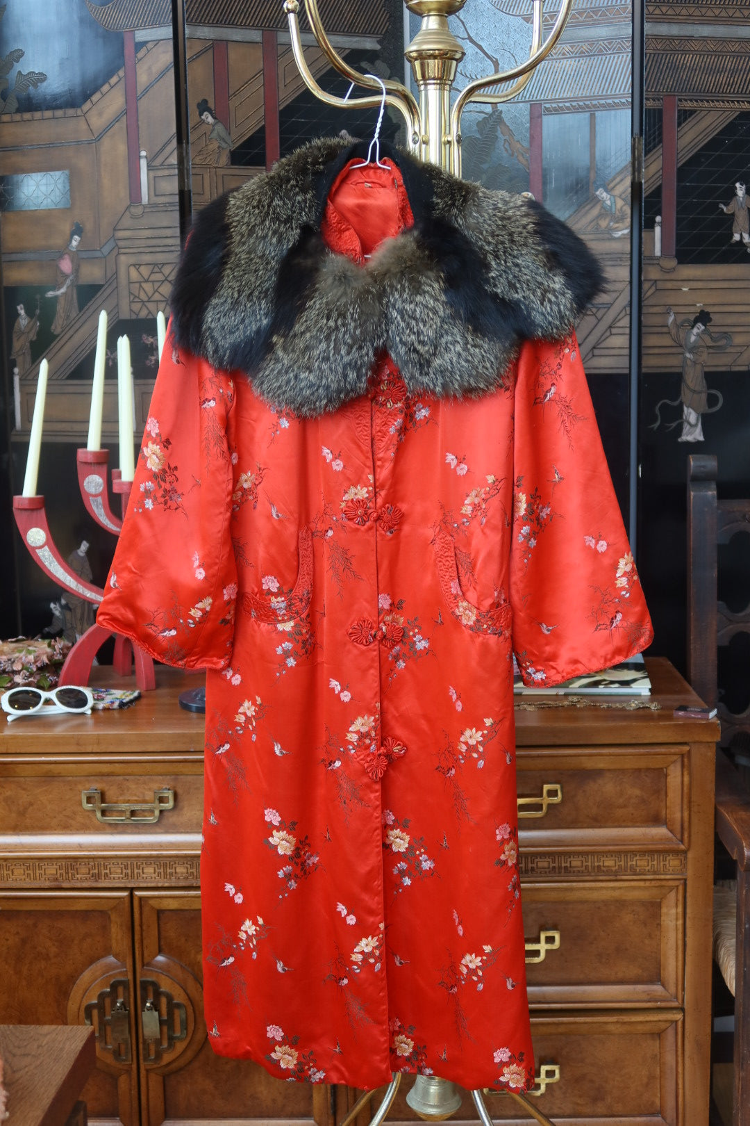 Vintage Chinese Red Silk Brocade Robe Coat with Fur Collar Set, Floral and Bird Motif, Size 36