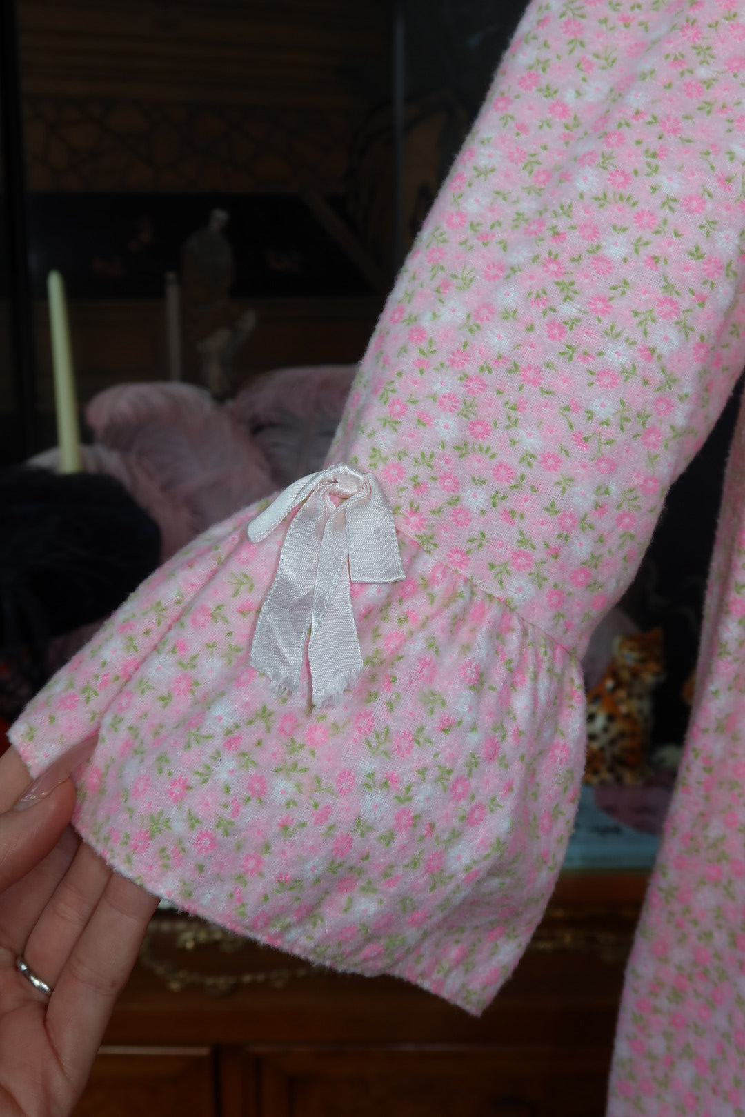Vintage 1970s Slumber Suit Pink Floral Flannel Prairie Nightgown with Daisy Lace and Ribbon Bows
