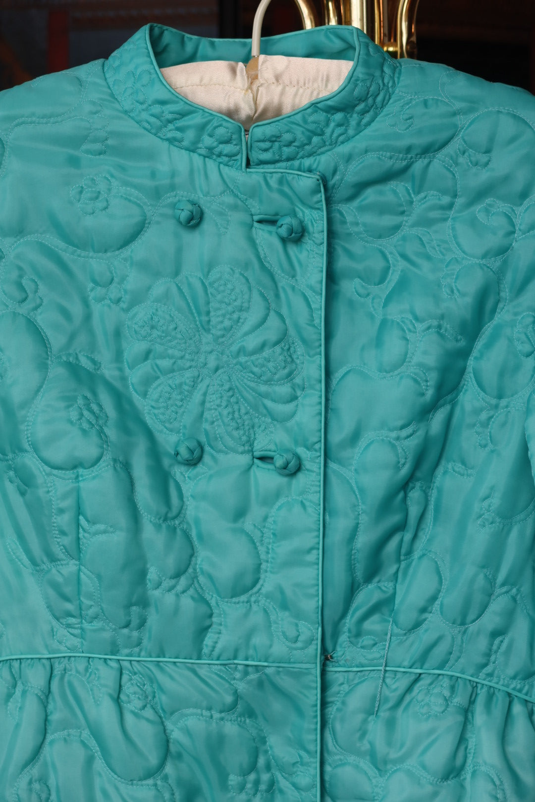 Vintage 1960s Nordstrom Best Turquoise Trapunto Quilted Mandarin Collar Hostess Robe