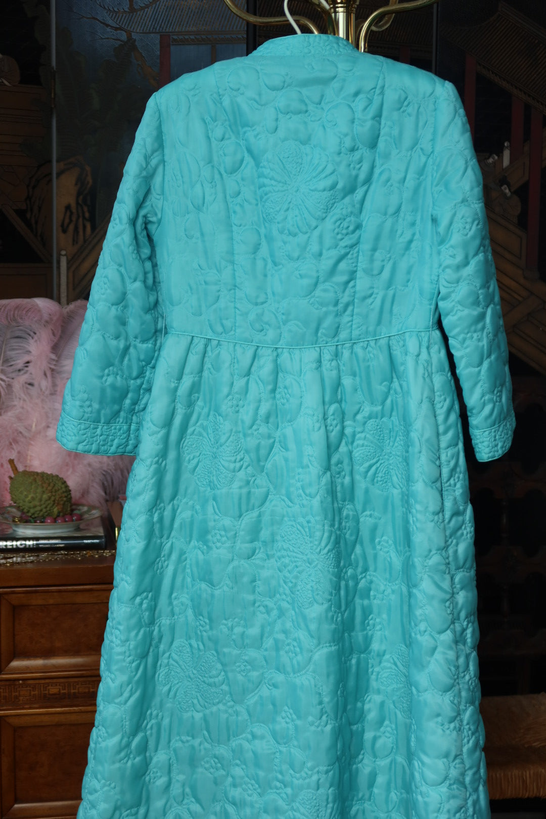 Vintage 1960s Nordstrom Best Turquoise Trapunto Quilted Mandarin Collar Hostess Robe
