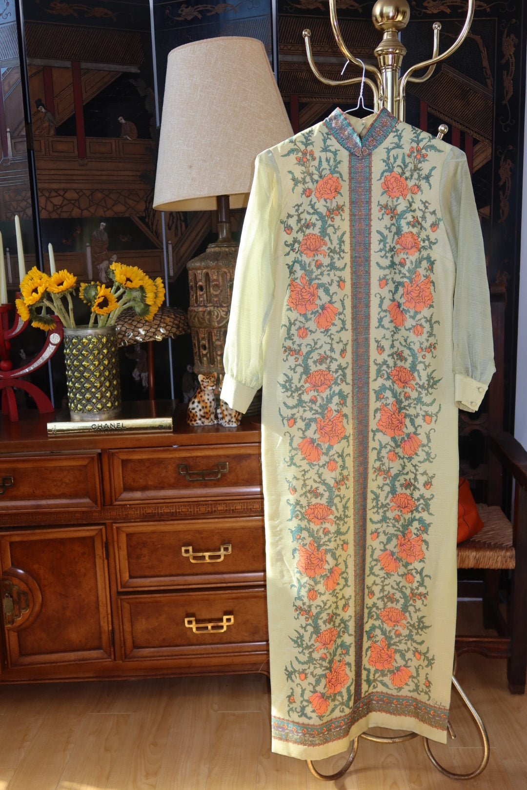 Alfred Shaheen Vintage Caftan Maxi Dress 1970s Floral Mandarin Collar