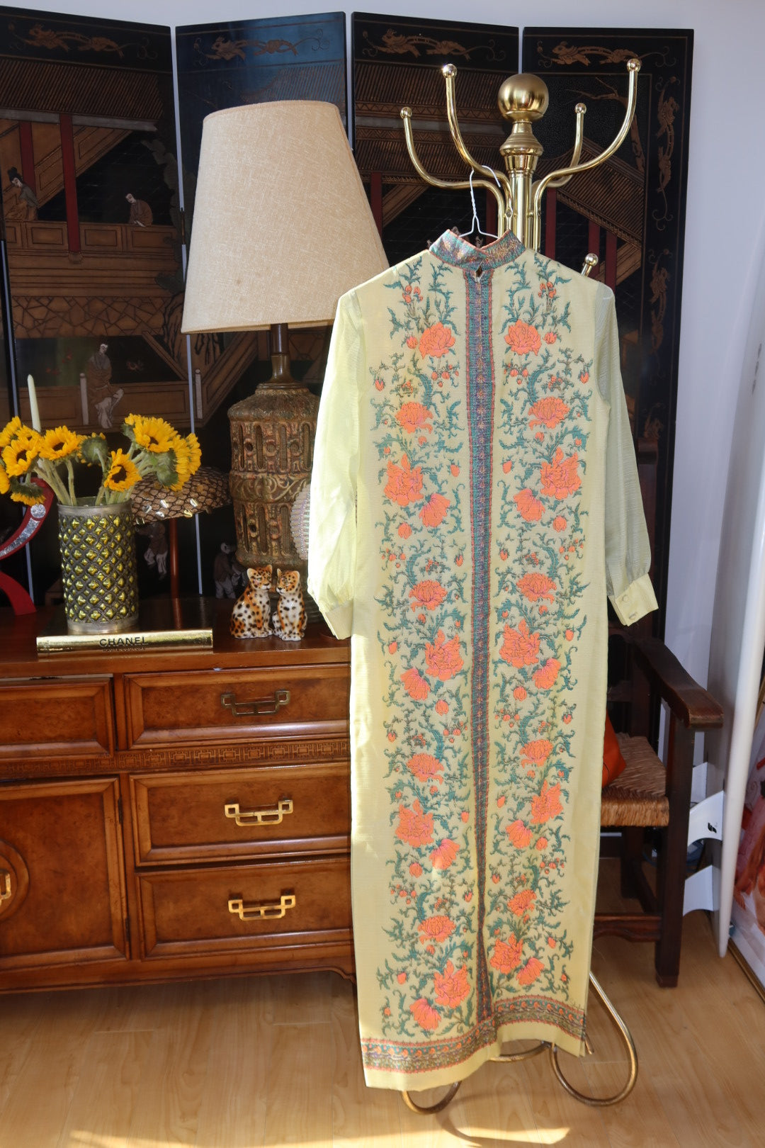 Alfred Shaheen Vintage Caftan Maxi Dress 1970s Floral Mandarin Collar