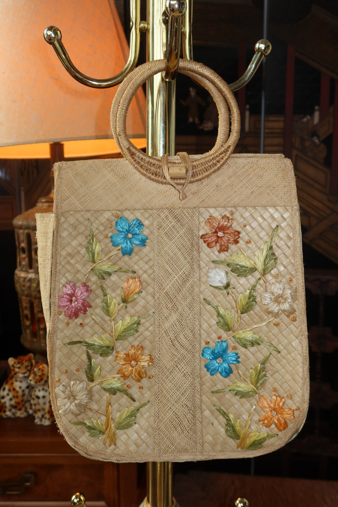 Vintage 1960s Straw Market Tote with Hand-Embroidered Raffia Florals