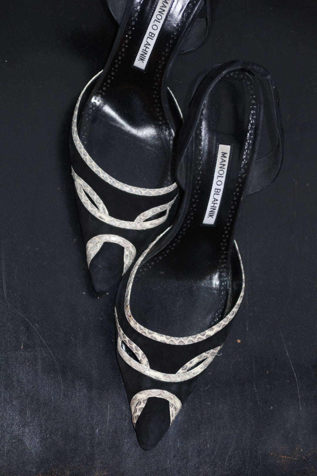 Manolo Blahnik Black Suede Pointed-Toe Slingbacks with White Snakeskin Trim