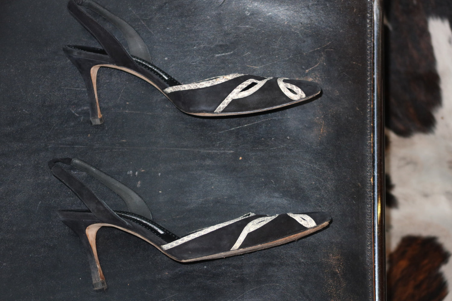 Manolo Blahnik Black Suede Pointed-Toe Slingbacks with White Snakeskin Trim