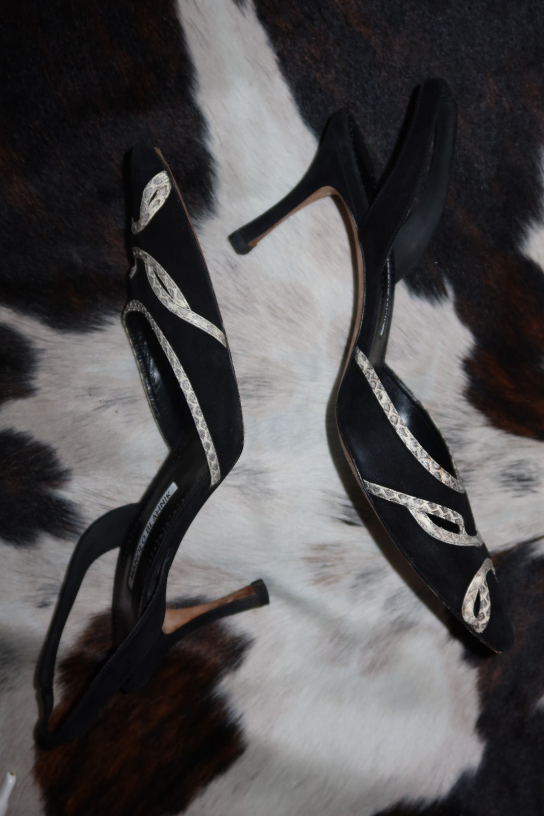 Manolo Blahnik Black Suede Pointed-Toe Slingbacks with White Snakeskin Trim