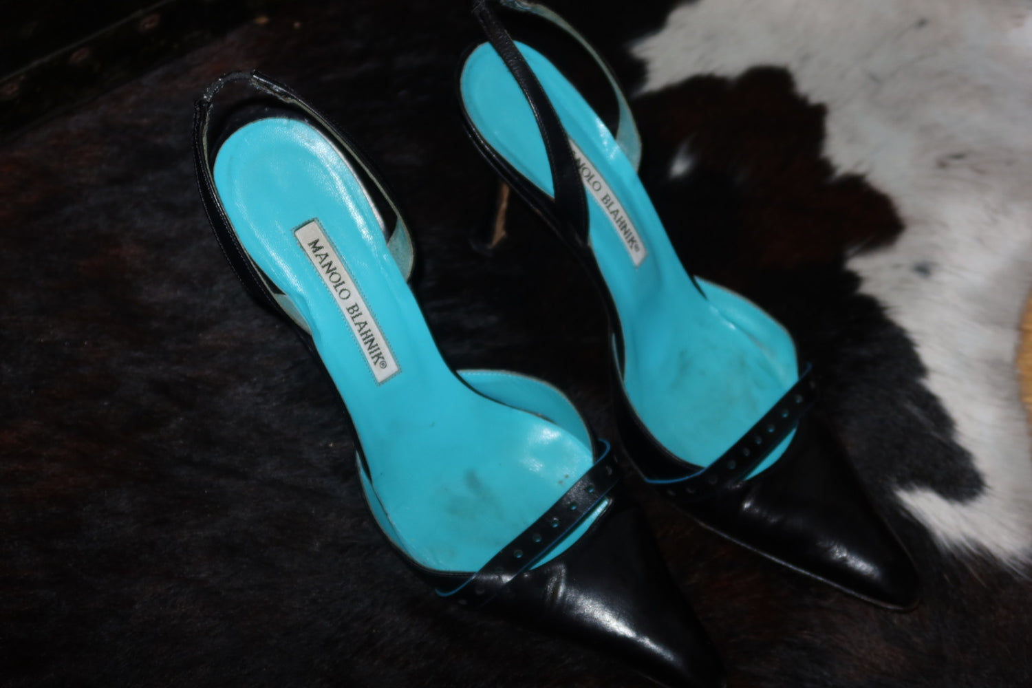 Manolo Blahnik Black Leather Pointed-Toe Slingbacks with Turquoise Leather Lining