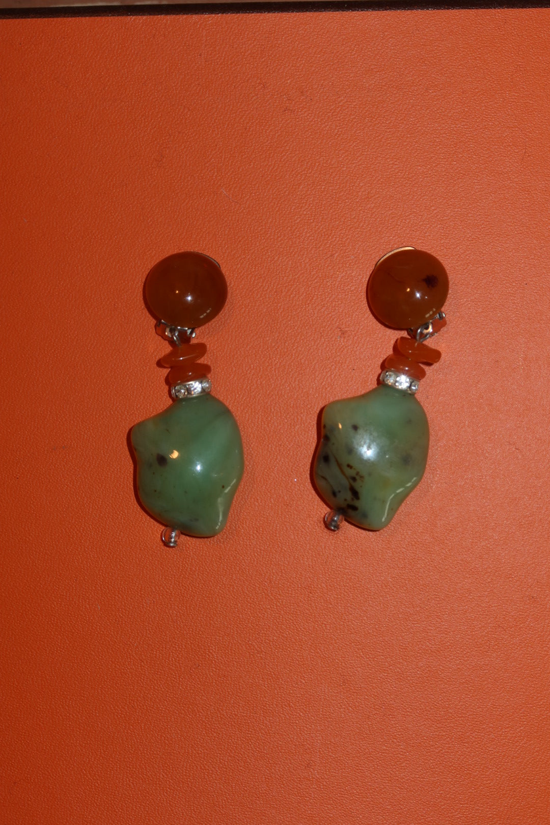 Vintage Statement Drop Earrings Green and Amber Stones Clip-On