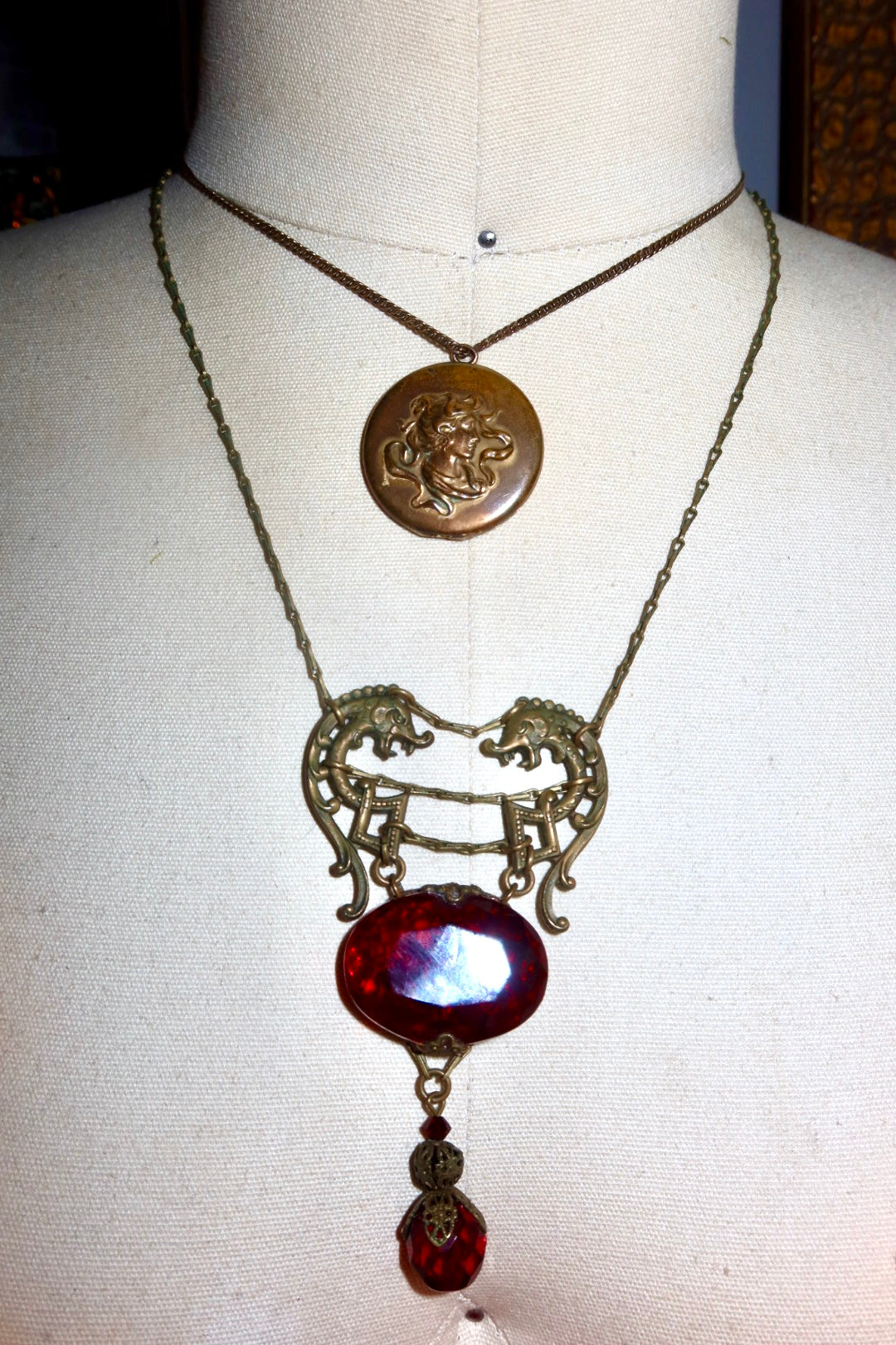Antique Art Nouveau Locket Necklace Brass with Original Photo